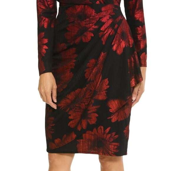 London Times Red and Black Floral Print Long Sleeve V-Neck Sheath Dress Size 18 - Picture 3 of 3